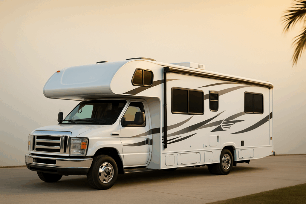 White Class C motorhome parked on a concrete pad at golden hour, palm fronds in the background—South Texas RV living.