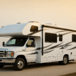White Class C motorhome parked on a concrete pad at golden hour, palm fronds in the background—South Texas RV living.
