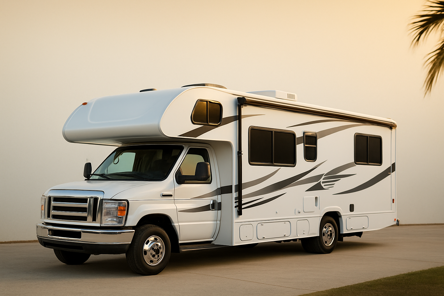 White Class C motorhome parked on a concrete pad at golden hour, palm fronds in the background—South Texas RV living.